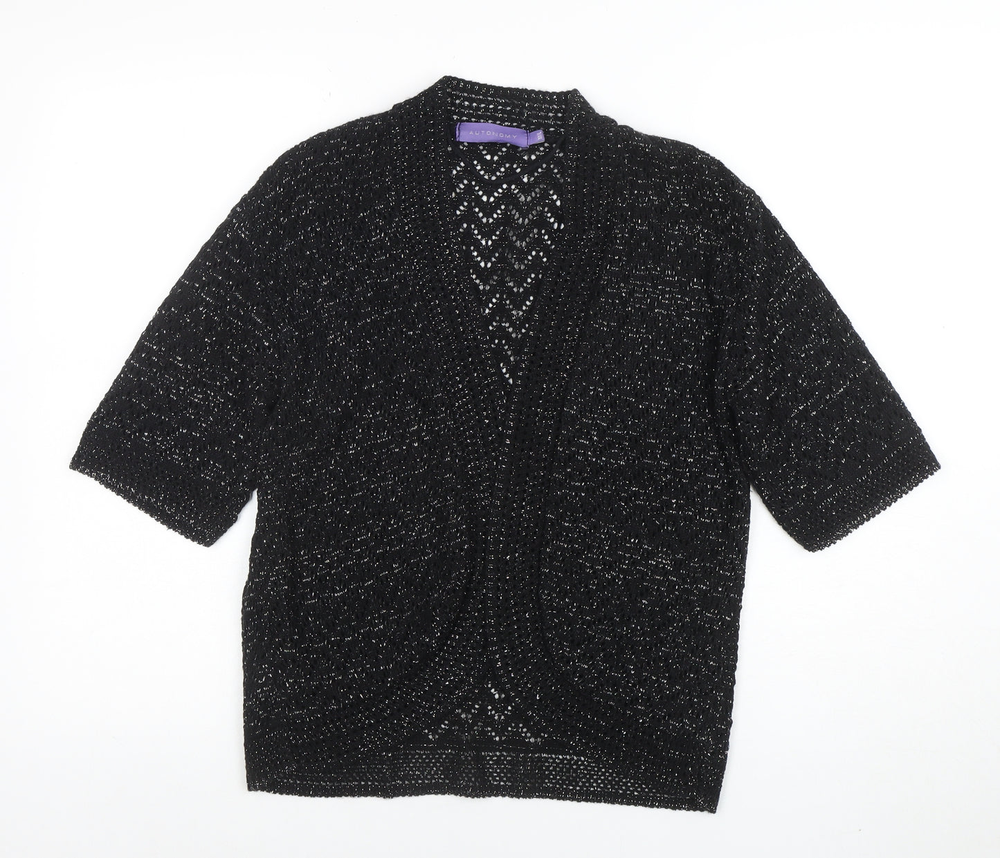 Autonomy Womens Black Open Knit Short Sleeve Cardigan L