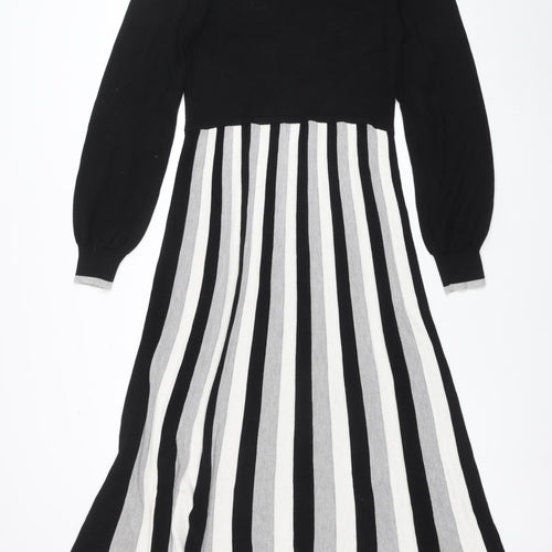 Warehouse Women Black White Stripe A-Line Knit Long Sleeve Dress Size 12
