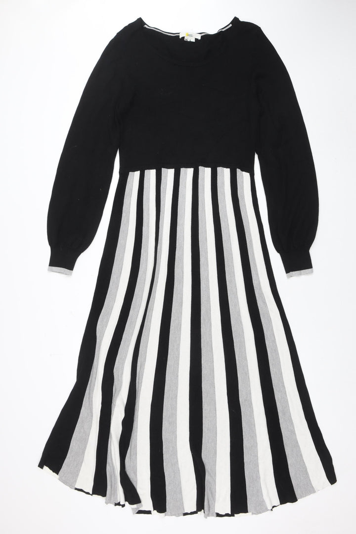 Warehouse Women Black White Stripe A-Line Knit Long Sleeve Dress Size 12