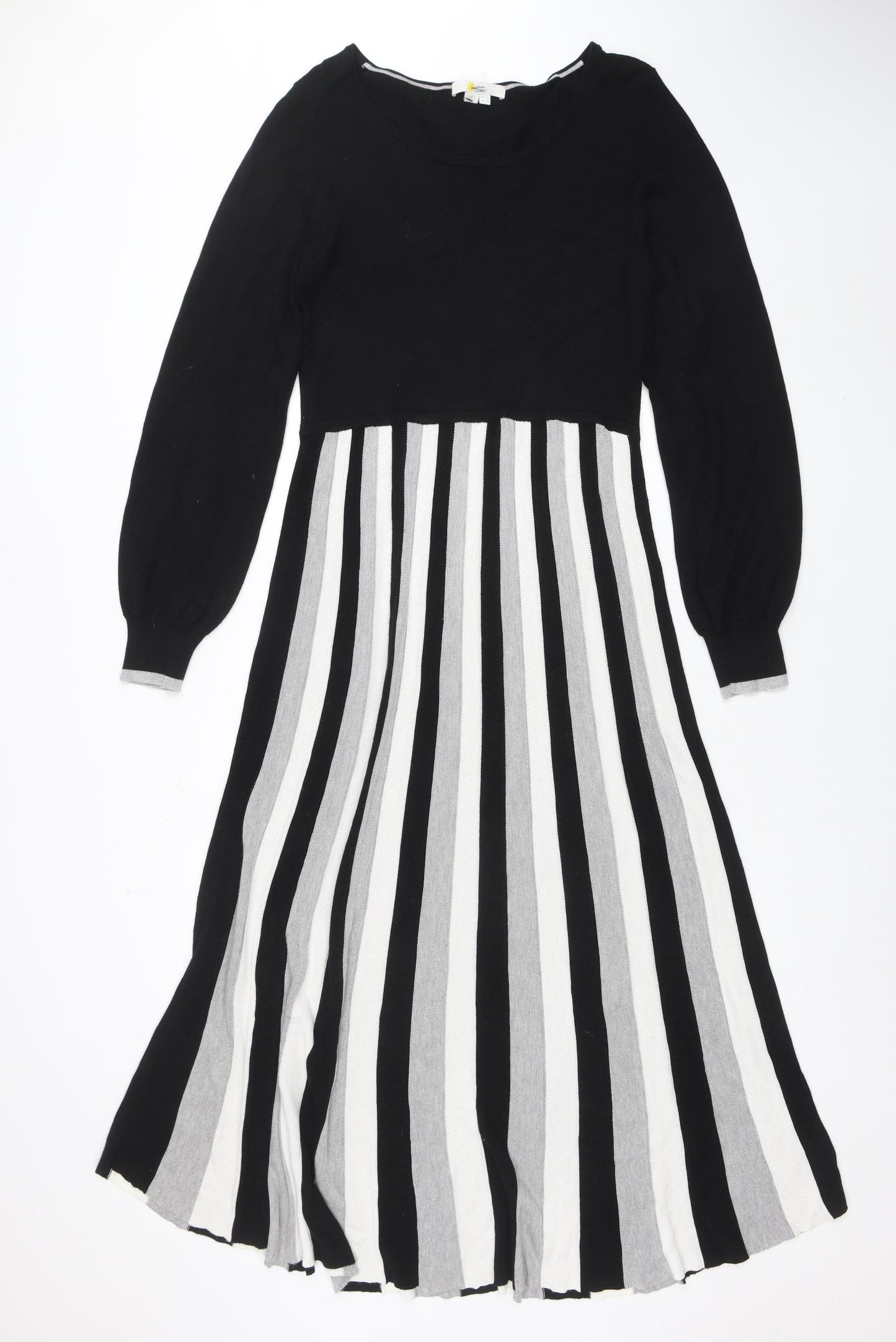 Warehouse Women Black White Stripe A-Line Knit Long Sleeve Dress Size 12