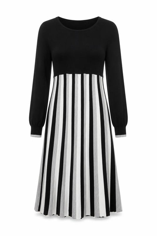 Front view of Warehouse Women Black White Stripe A-Line Knit Long Sleeve Dress, size 12