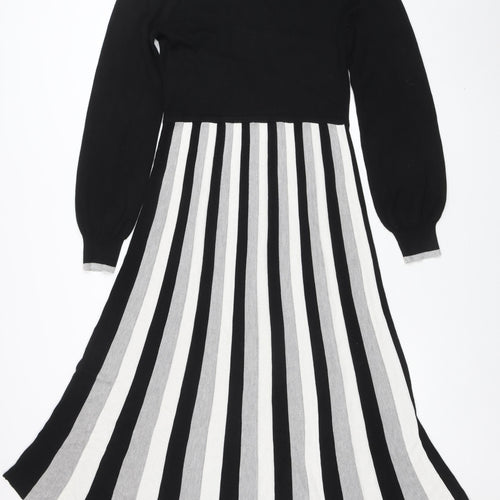 Warehouse Women Black White Stripe A-Line Knit Long Sleeve Dress Size 12
