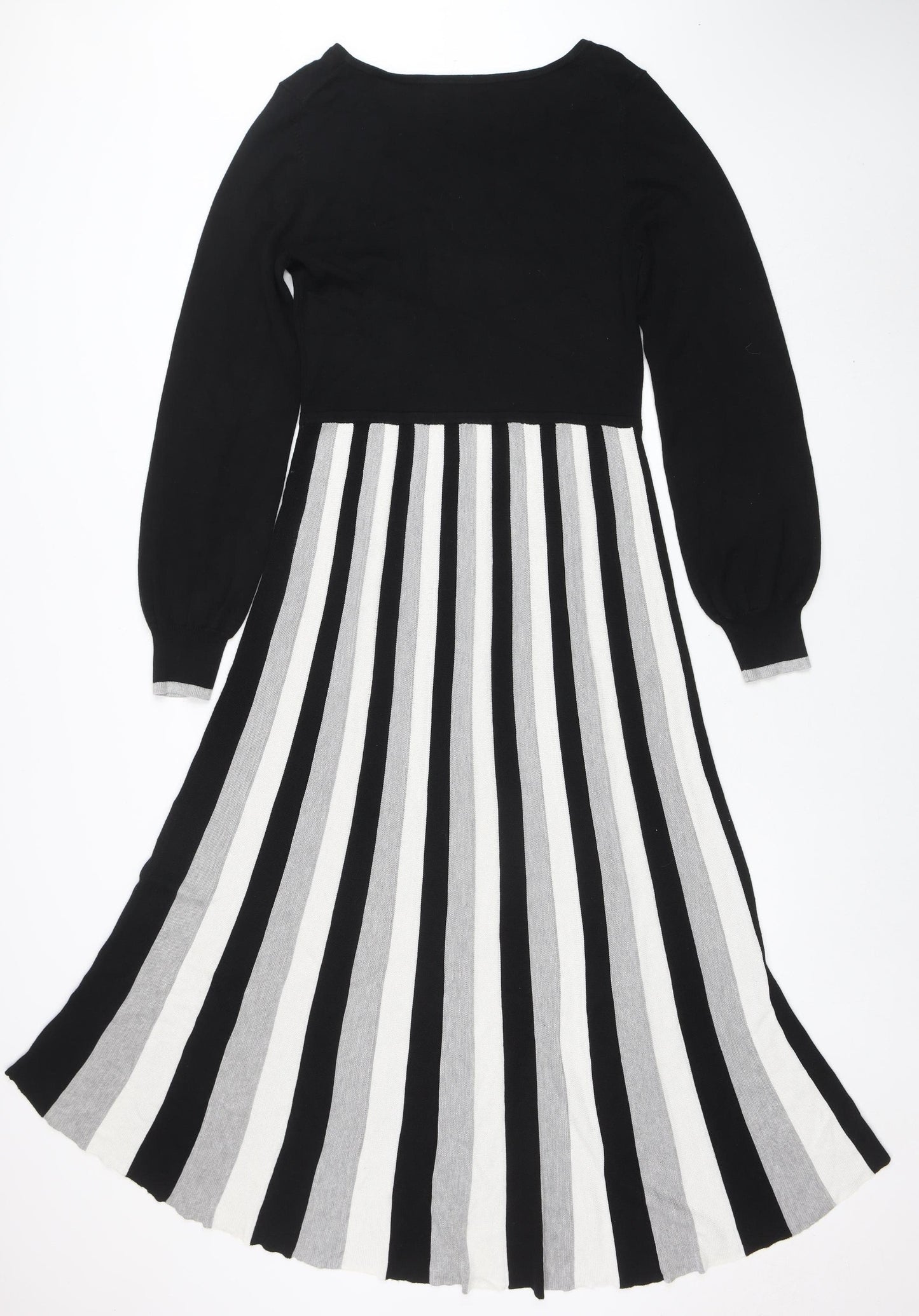 Warehouse Women Black White Stripe A-Line Knit Long Sleeve Dress Size 12