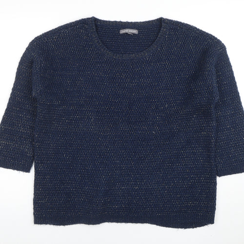Laura Ashley Women Navy Blue Metallic Knit Jumper UK 12 Crew Neck 3/4 Sleeve