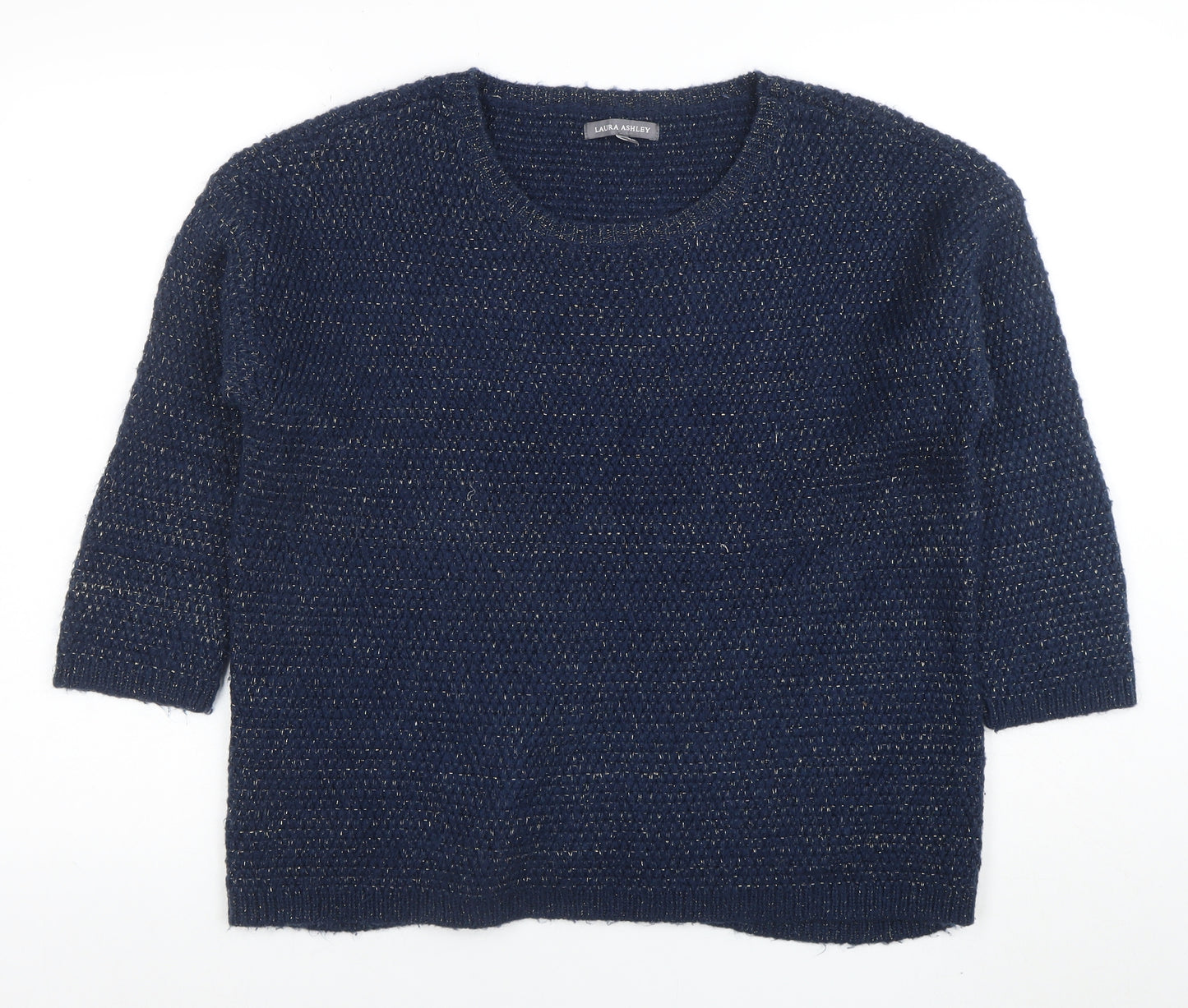 Laura Ashley Women Navy Blue Metallic Knit Jumper UK 12 Crew Neck 3/4 Sleeve