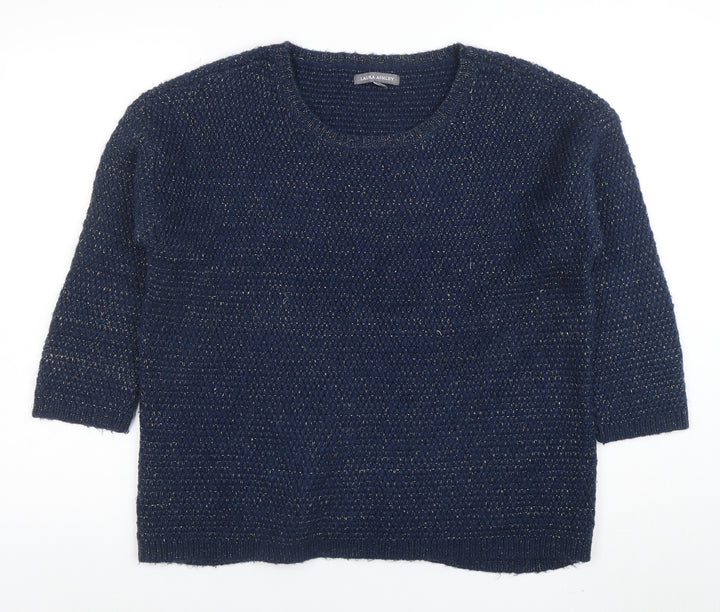 Laura Ashley Women Navy Blue Metallic Knit Jumper UK 12 Crew Neck 3/4 Sleeve