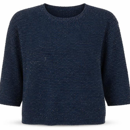 Laura Ashley Women Navy Blue Metallic Knit Jumper UK 12 Crew Neck 3/4 Sleeve