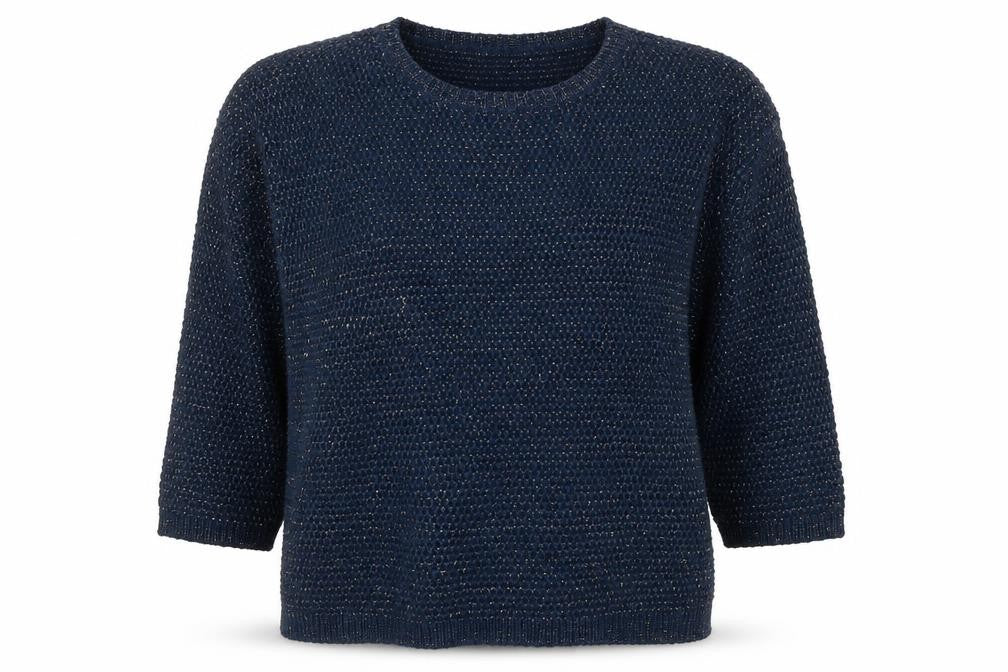 Laura Ashley Women Navy Blue Metallic Knit Jumper UK 12 Crew Neck 3/4 Sleeve