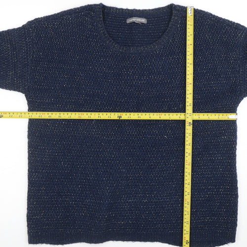 Laura Ashley Women Navy Blue Metallic Knit Jumper UK 12 Crew Neck 3/4 Sleeve