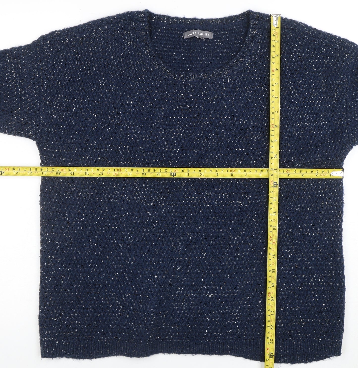 Laura Ashley Women Navy Blue Metallic Knit Jumper UK 12 Crew Neck 3/4 Sleeve