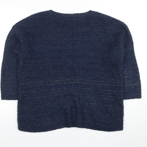 Laura Ashley Women Navy Blue Metallic Knit Jumper UK 12 Crew Neck 3/4 Sleeve