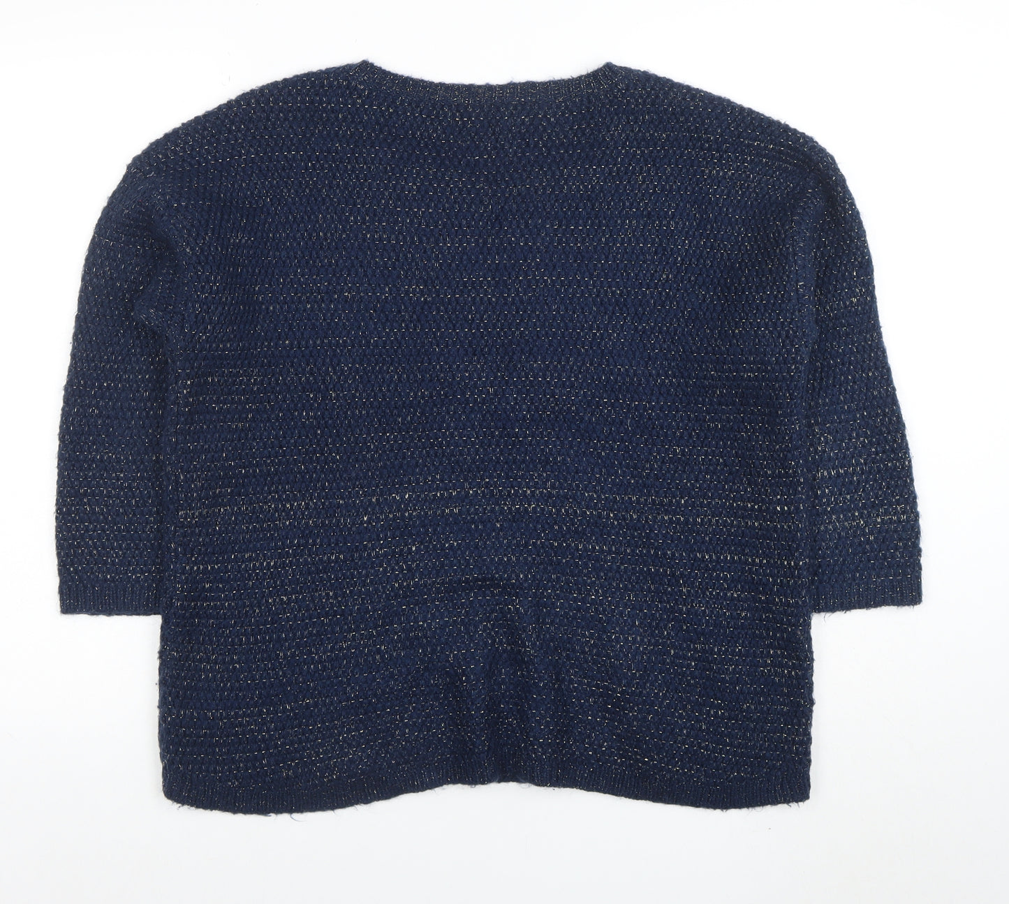 Laura Ashley Women Navy Blue Metallic Knit Jumper UK 12 Crew Neck 3/4 Sleeve