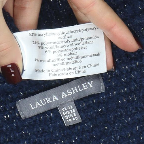 Laura Ashley Women Navy Blue Metallic Knit Jumper UK 12 Crew Neck 3/4 Sleeve