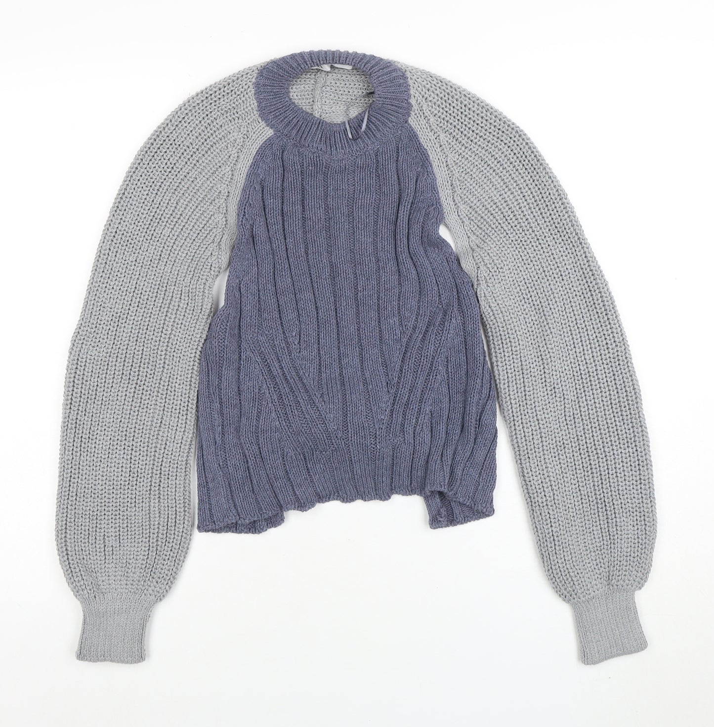 ZARA Women Blue Knit Cotton Blend Raglan Sleeve Belted Jumper Size M