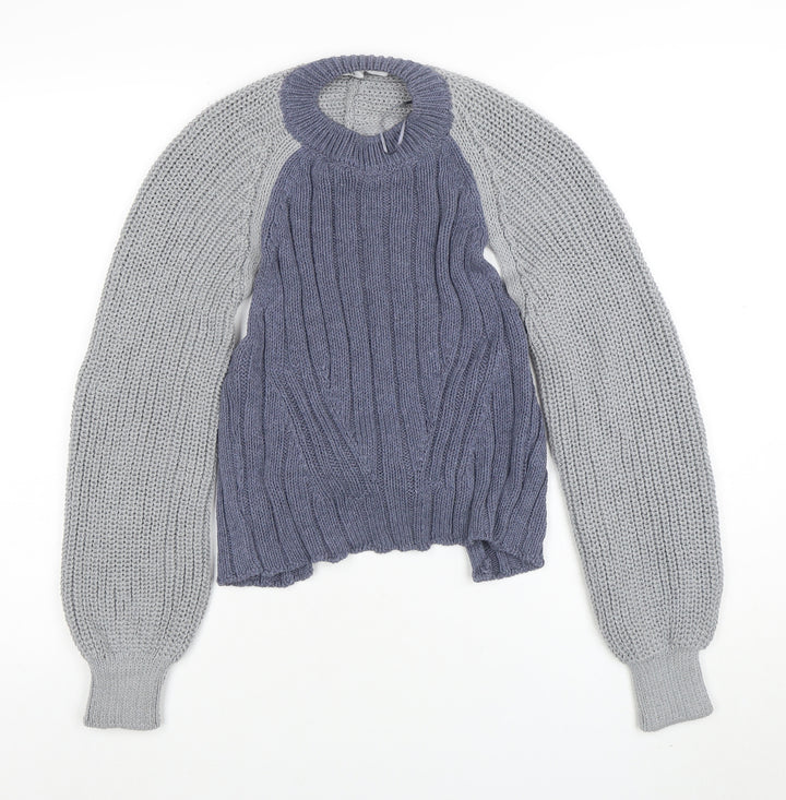ZARA Women Blue Knit Cotton Blend Raglan Sleeve Belted Jumper Size M