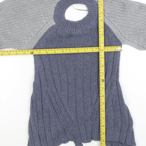 ZARA Women Blue Knit Cotton Blend Raglan Sleeve Belted Jumper Size M