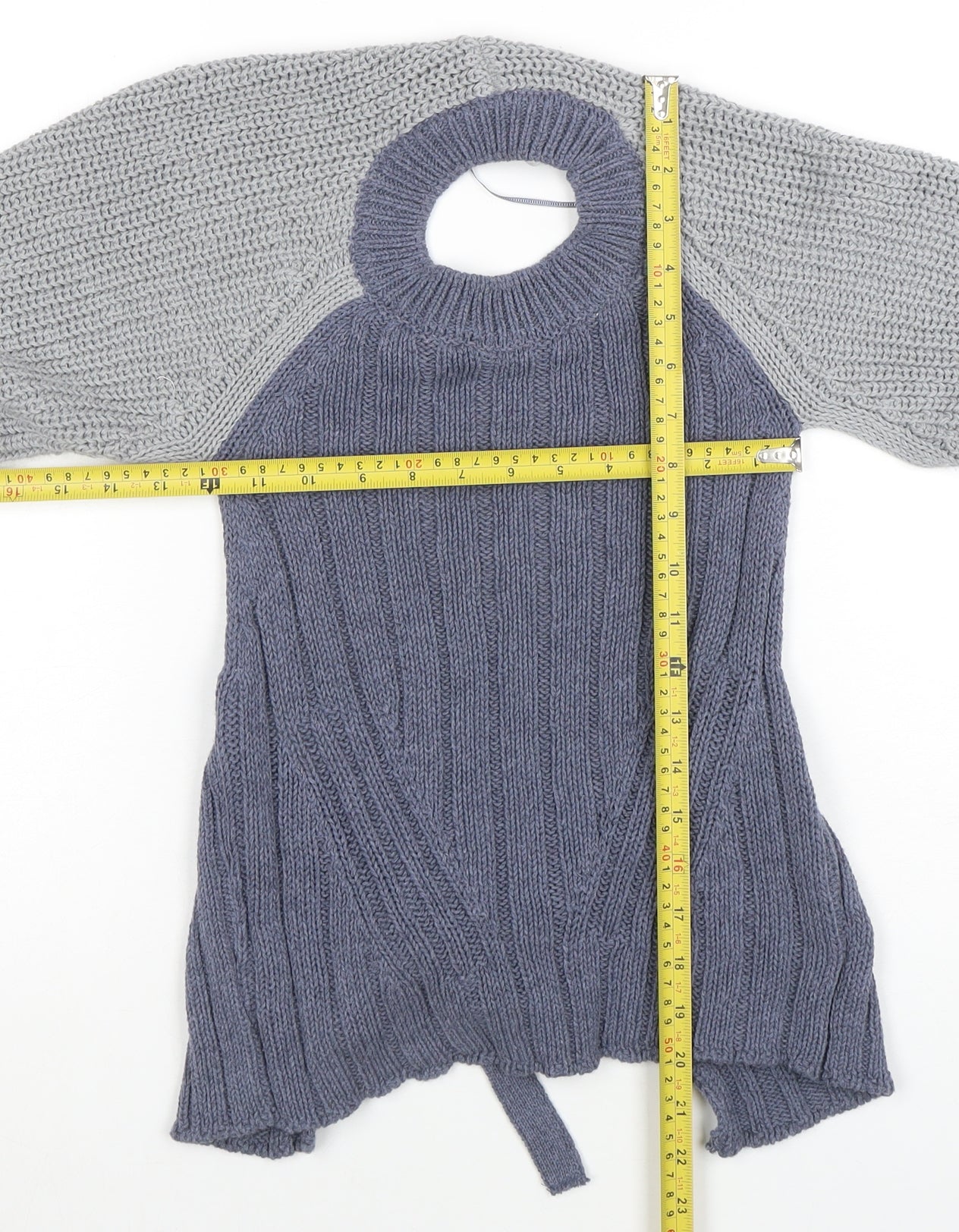ZARA Women Blue Knit Cotton Blend Raglan Sleeve Belted Jumper Size M