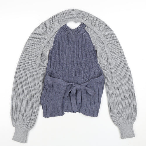 ZARA Women Blue Knit Cotton Blend Raglan Sleeve Belted Jumper Size M