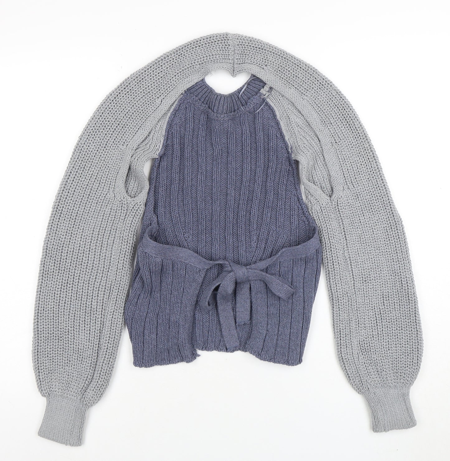 ZARA Women Blue Knit Cotton Blend Raglan Sleeve Belted Jumper Size M
