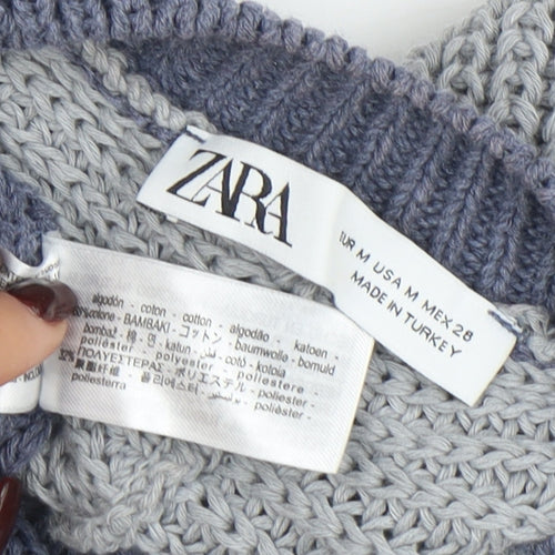ZARA Women Blue Knit Cotton Blend Raglan Sleeve Belted Jumper Size M
