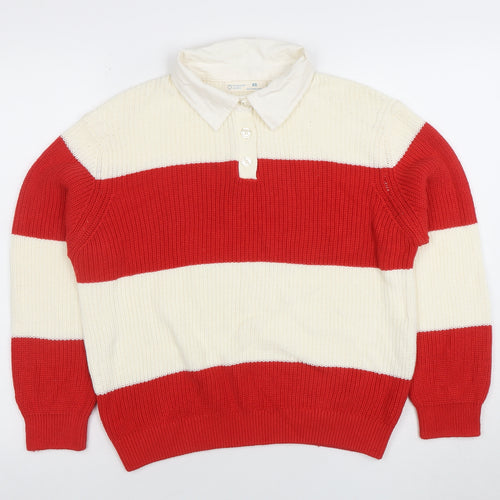 Primark Women’s Red & White Collared Henley Chunky Knit Jumper XS