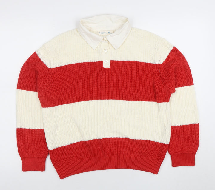 Primark Women’s Red & White Collared Henley Chunky Knit Jumper XS