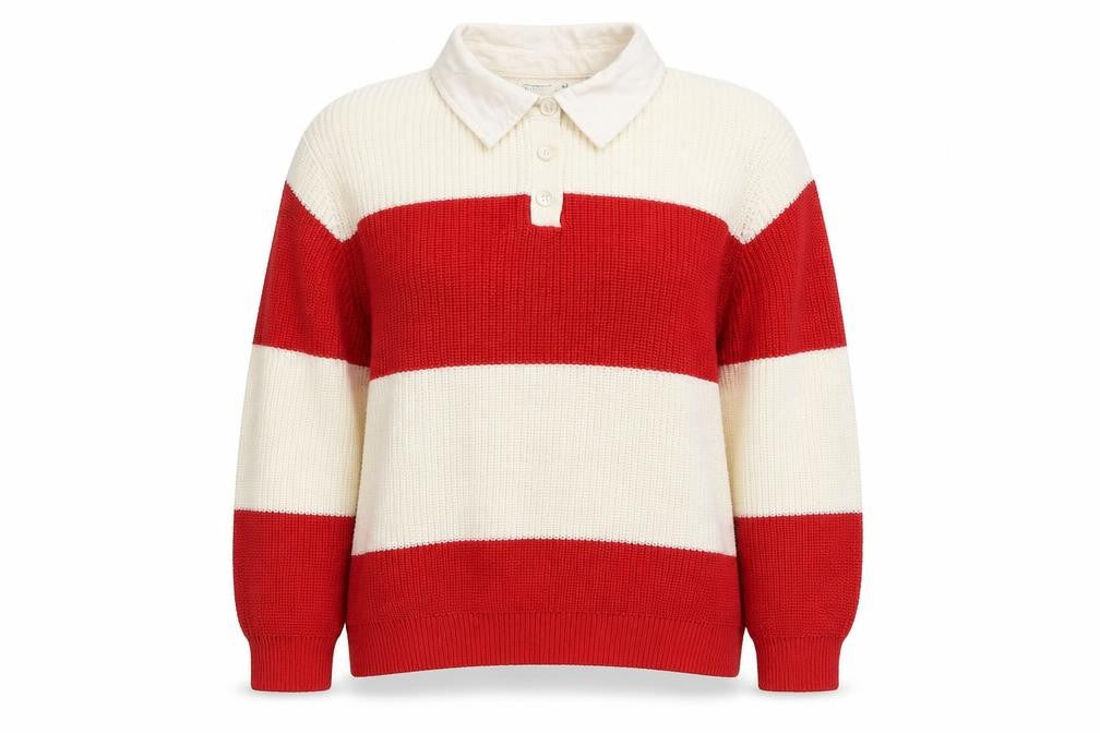 Primark Women’s Red & White Collared Henley Chunky Knit Jumper XS