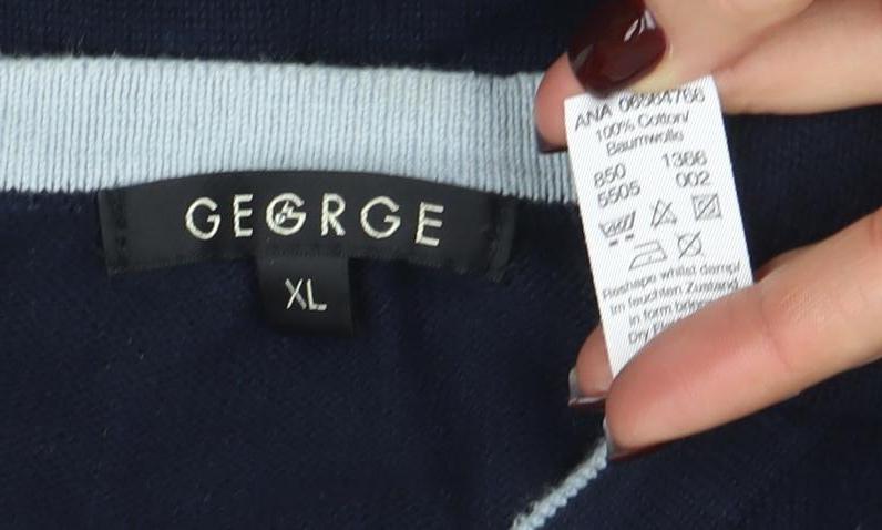 George Men's Blue XL V-Neck Cotton Jumper Classic Knit Pullover