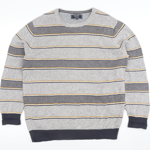 Maine New England Men's Grey Striped Cotton Crew Neck Jumper M