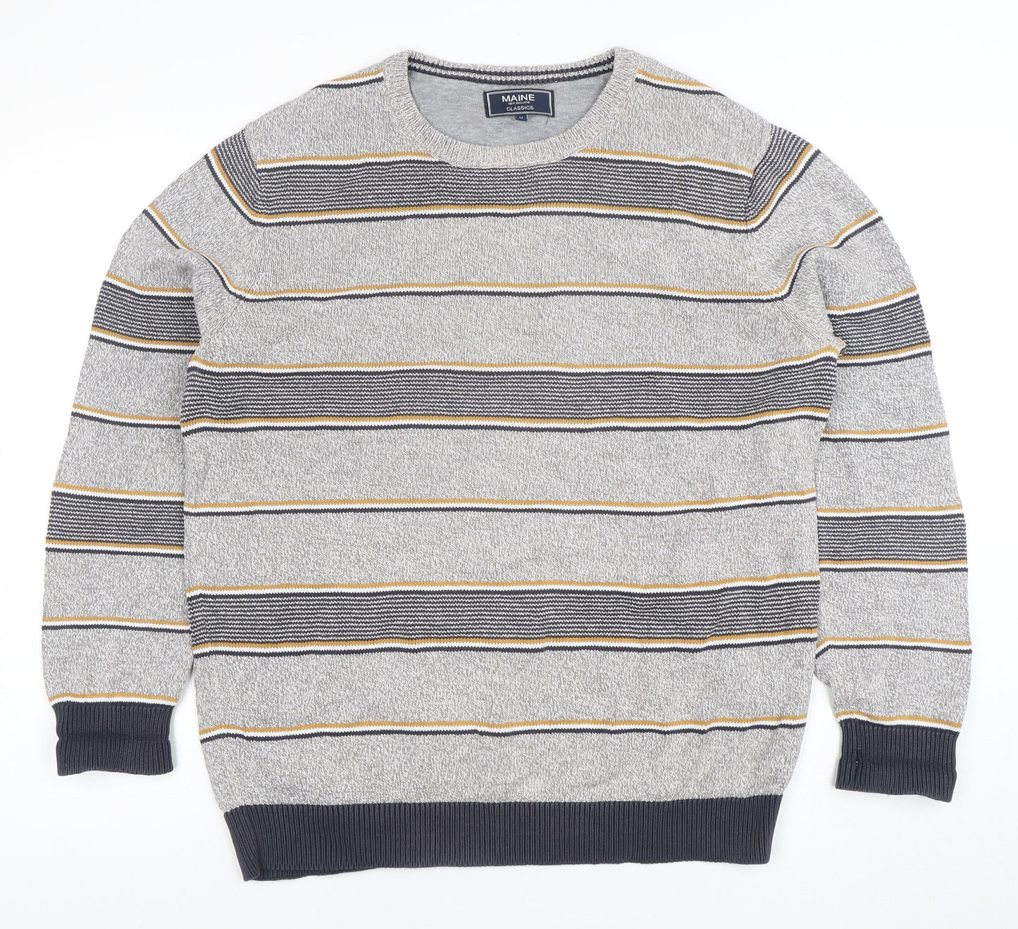Maine New England Men's Grey Striped Cotton Crew Neck Jumper M