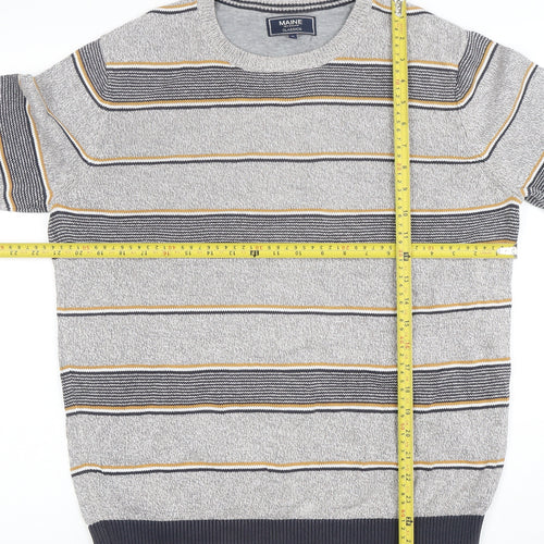 Maine New England Men's Grey Striped Cotton Crew Neck Jumper M