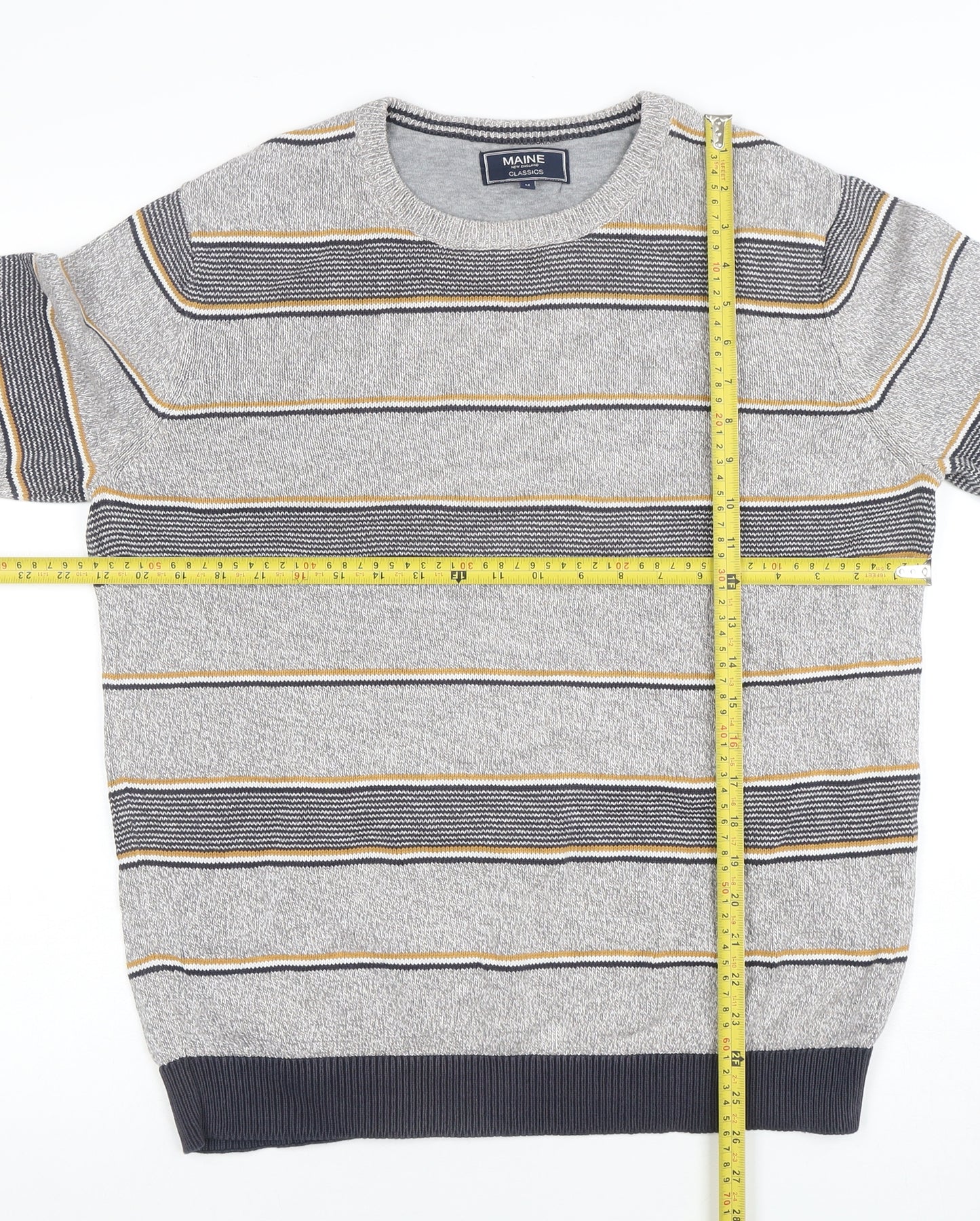 Maine New England Men's Grey Striped Cotton Crew Neck Jumper M