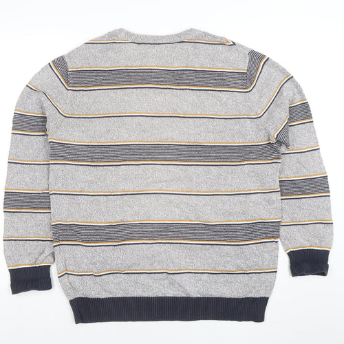 Maine New England Men's Grey Striped Cotton Crew Neck Jumper M