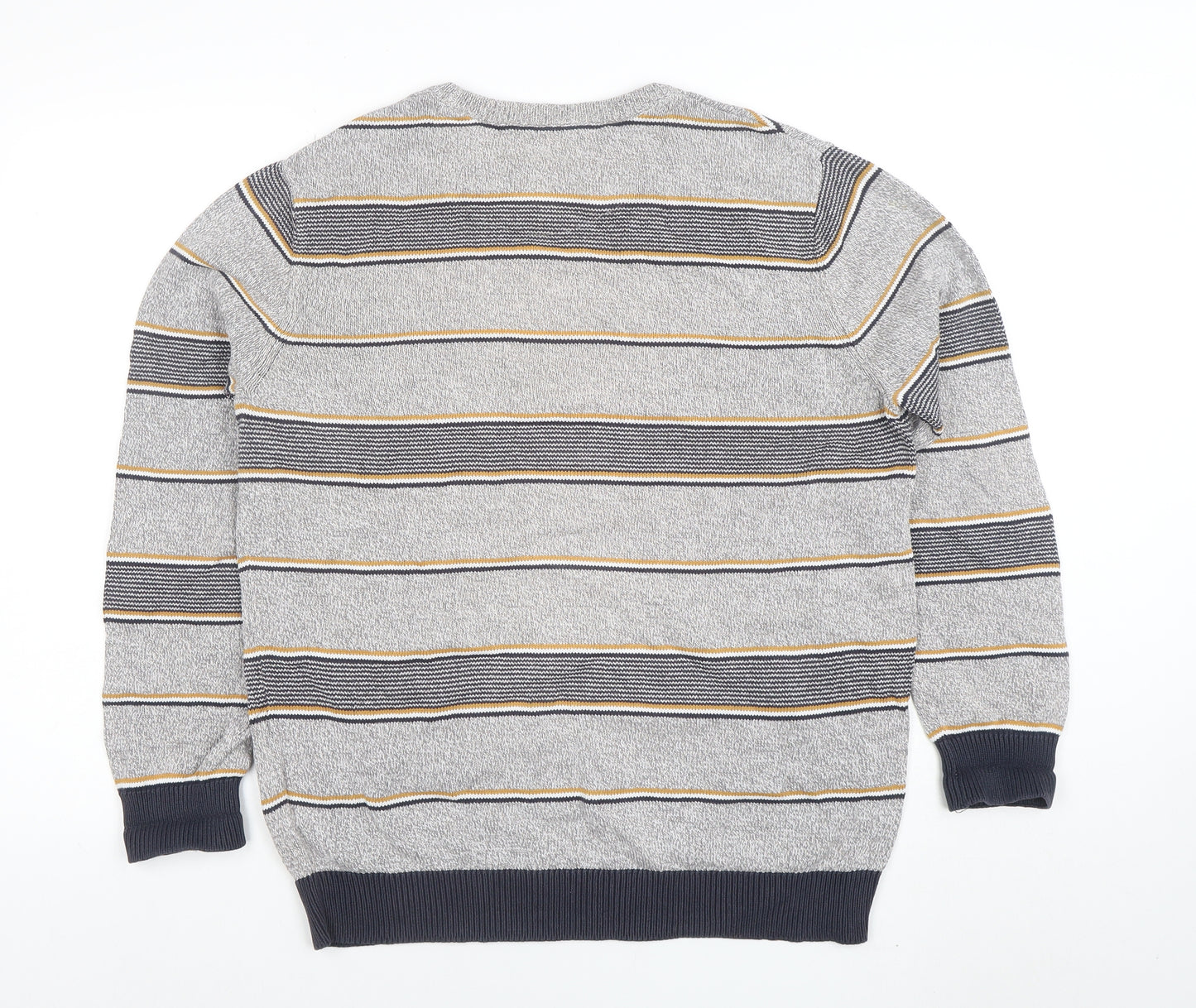 Maine New England Men's Grey Striped Cotton Crew Neck Jumper M
