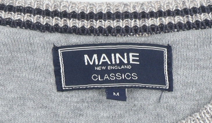 Maine New England Men's Grey Striped Cotton Crew Neck Jumper M