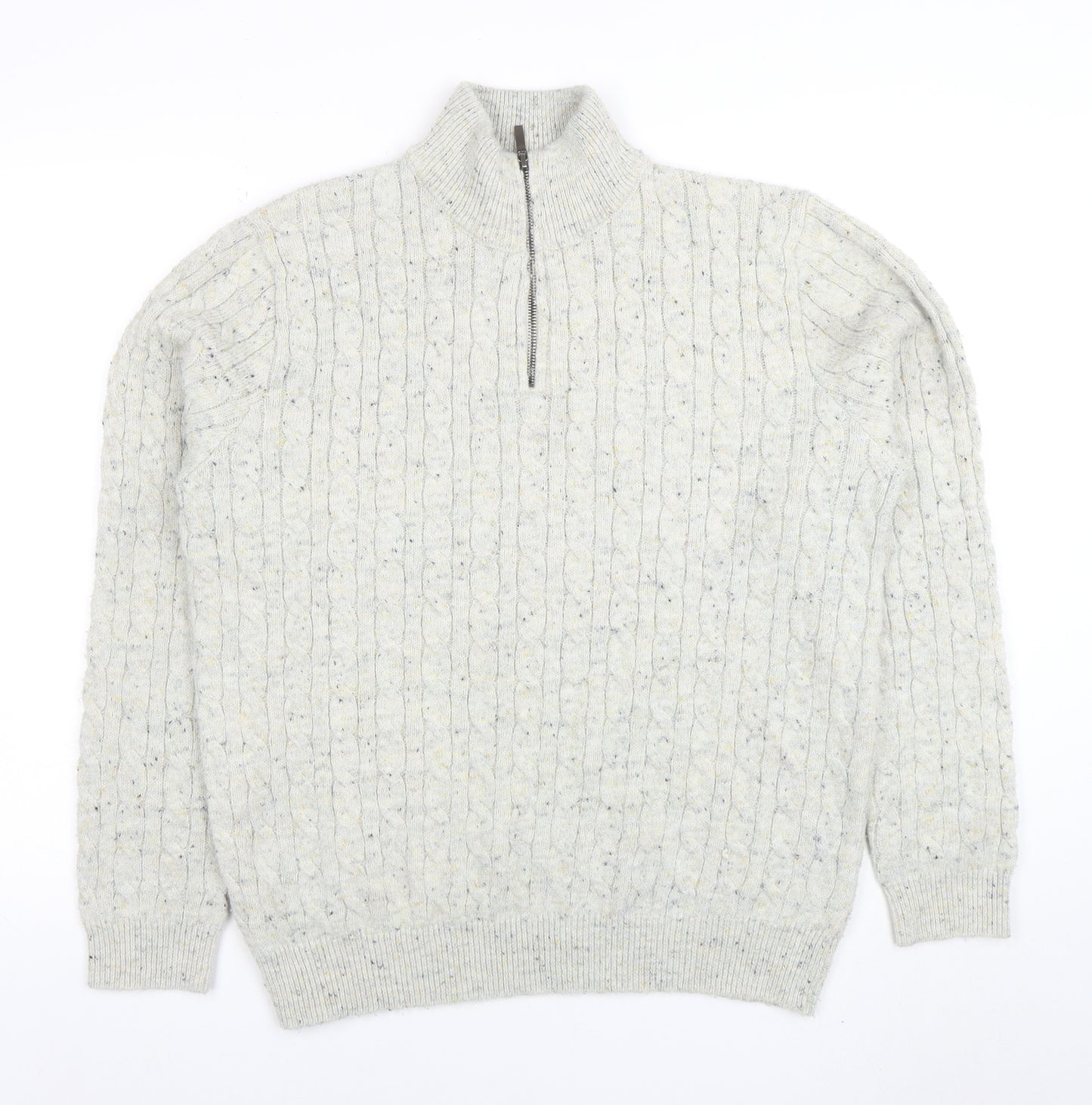 TU Men’s Grey Cable-Knit 1/4 Zip High Neck Jumper Size L