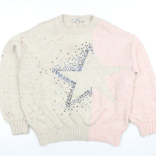 Next Womens Beige Star Rhinestone Knit Jumper Size 14