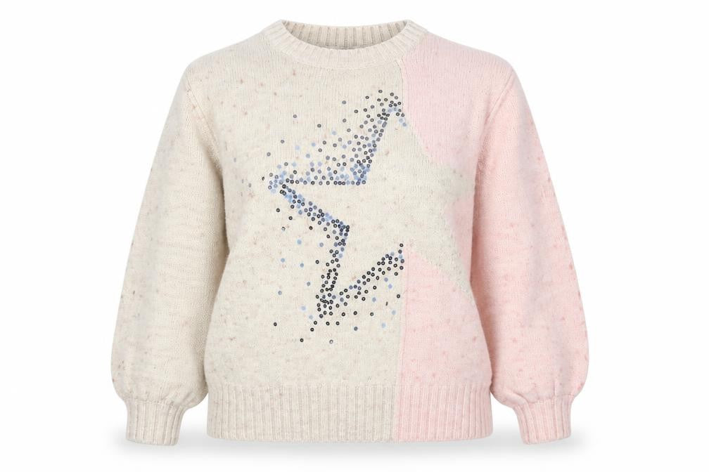 Front view of Next women’s beige star rhinestone knit jumper, size UK 14