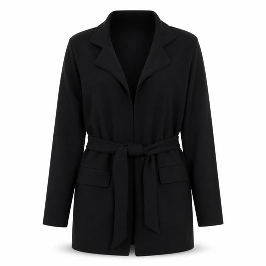 Front view of PRETTYLITTLETHING women’s black belted coatigan, size UK 12
