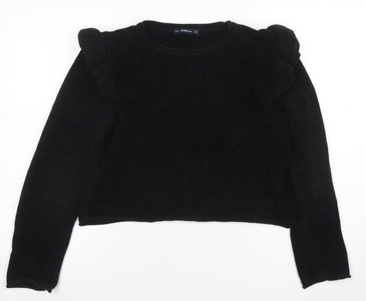 Zara Knit Women's Black M Ruffle Shoulder Long Sleeve Jumper