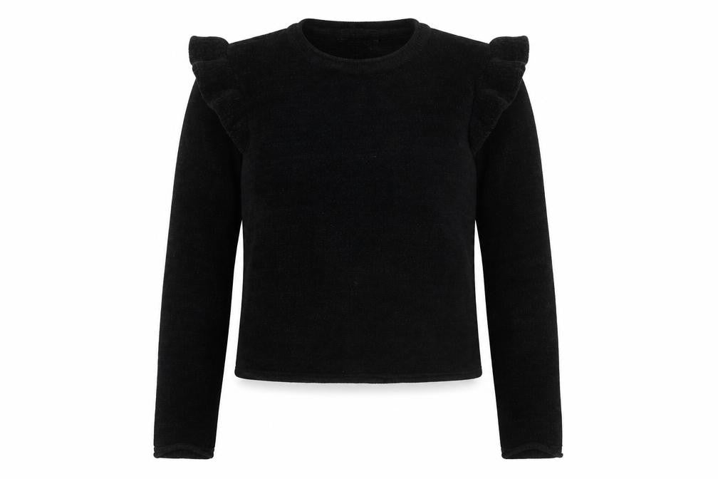 Front view of Zara Knit Women's Black M Ruffle Shoulder Long Sleeve Jumper