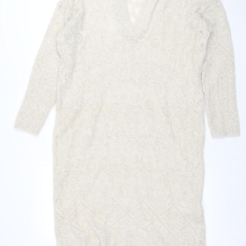 Zara Women Beige Knit Bodycon Dress Size S Cowl Neck 3/4 Sleeve