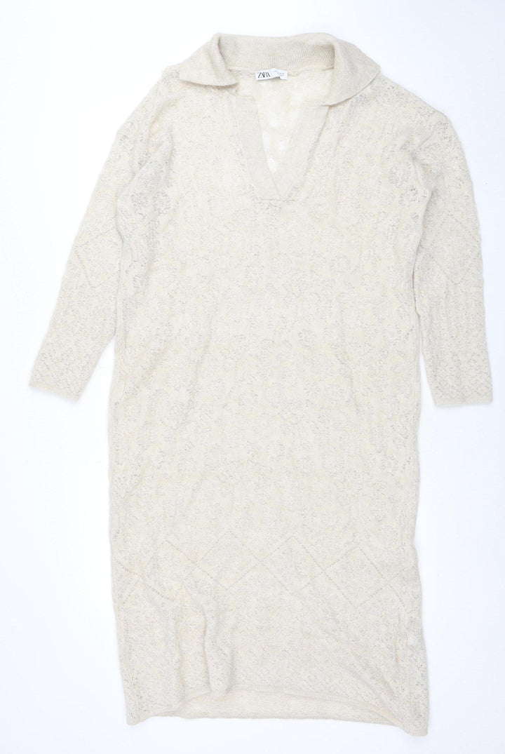 Zara Women Beige Knit Bodycon Dress Size S Cowl Neck 3/4 Sleeve