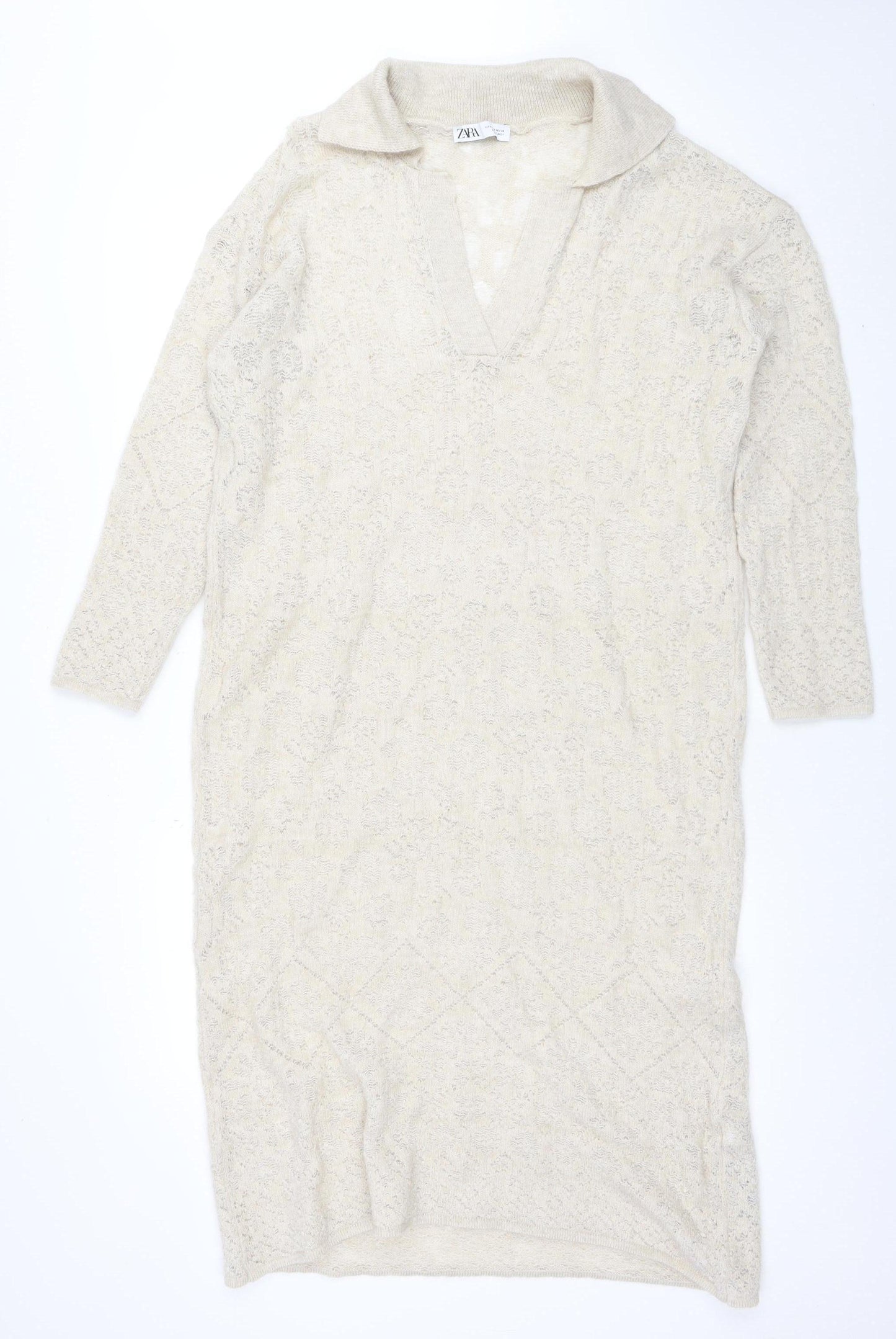 Zara Women Beige Knit Bodycon Dress Size S Cowl Neck 3/4 Sleeve