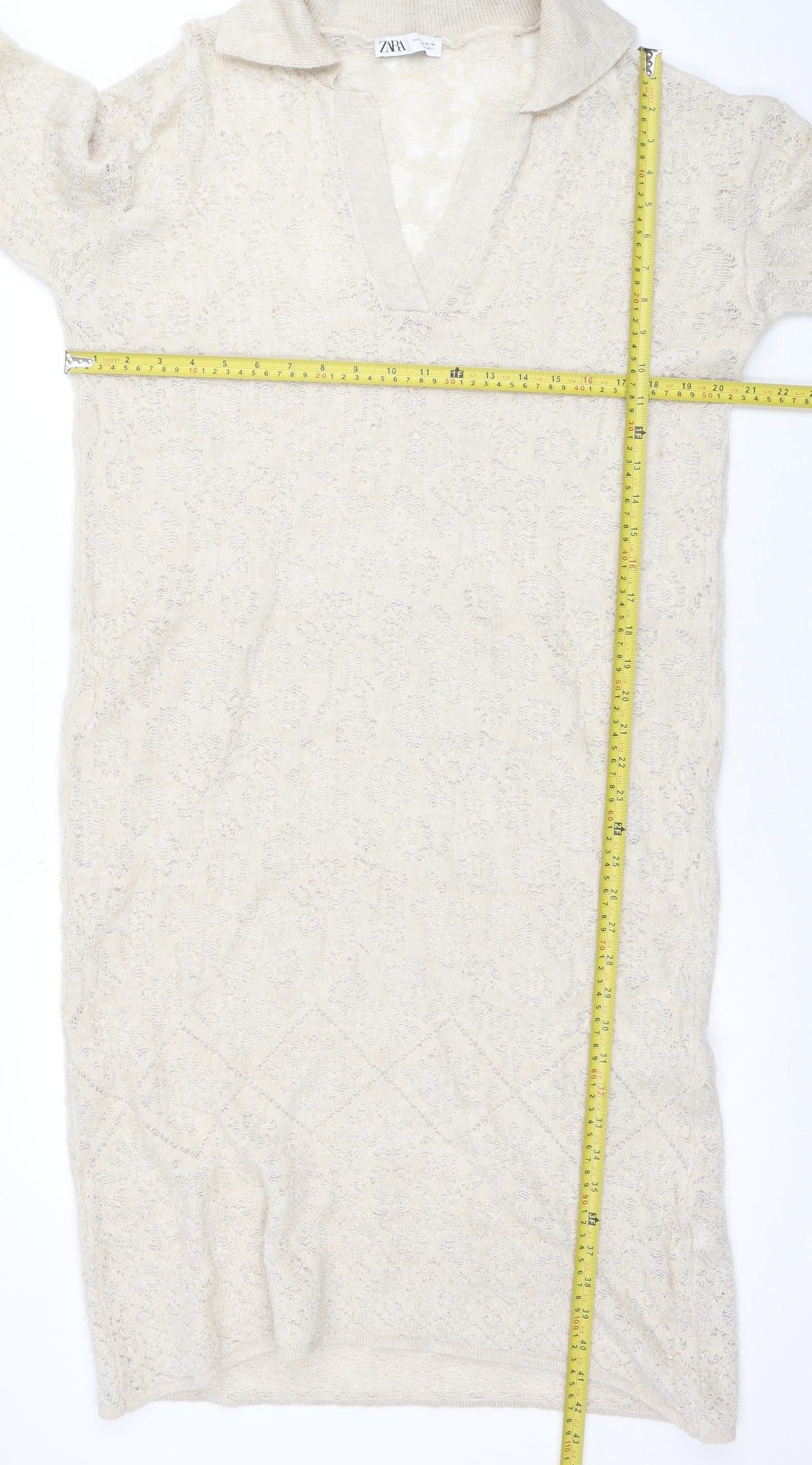 Zara Women Beige Knit Bodycon Dress Size S Cowl Neck 3/4 Sleeve