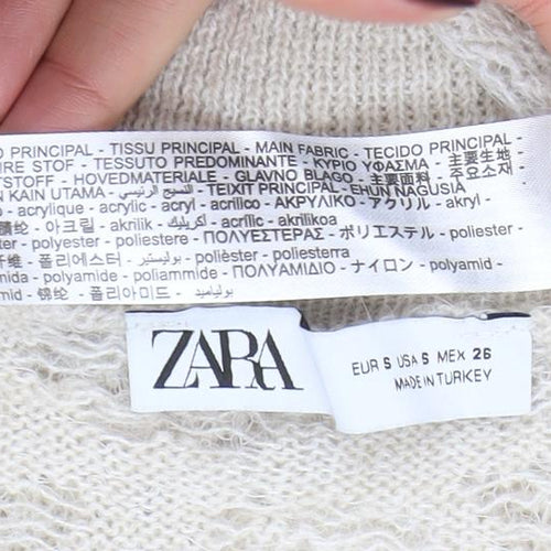Zara Women Beige Knit Bodycon Dress Size S Cowl Neck 3/4 Sleeve