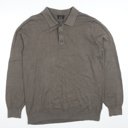 Massimo Dutti Men's Grey Cotton Collared Henley Jumper L