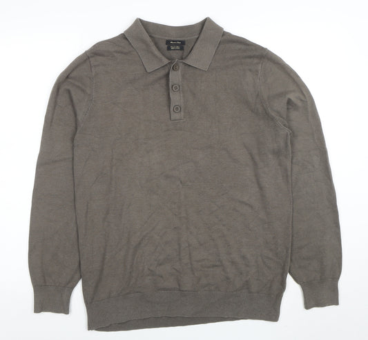 Massimo Dutti Men's Grey Cotton Collared Henley Jumper L