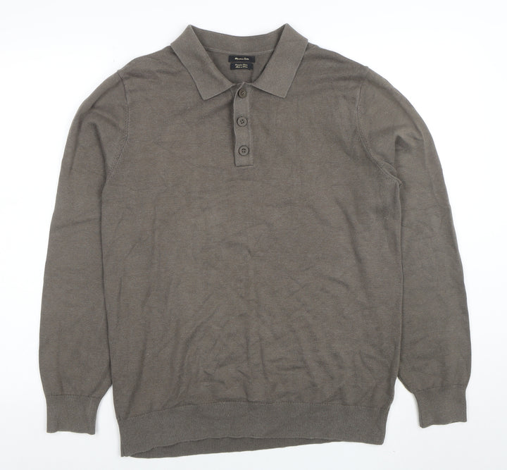 Massimo Dutti Men's Grey Cotton Collared Henley Jumper L