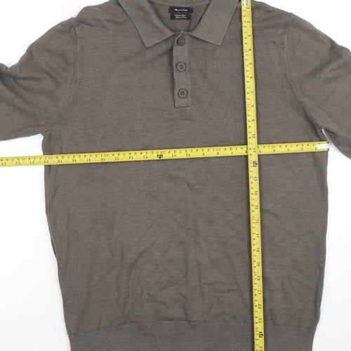 Massimo Dutti Men's Grey Cotton Collared Henley Jumper L